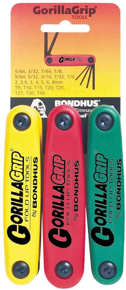 Bondhus 12533 ​​Gorilla Grip Hex and Star Fold-up Triple Pack, 12587 (2-8mm), 12589 (5/64-1/4-Inch) &amp; 12634 (T9-T40)