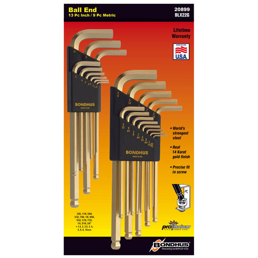 Jeu de clés hexagonales à tête sphérique Bondhus 20899 (pouces + métrique) en double, finition GoldGuard