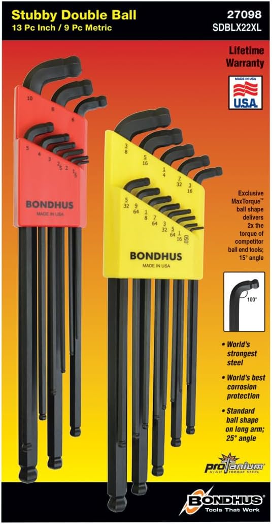 Jeu de 2 clés Allen courtes à double tête sphérique Bondhus 27098 (pouces + métrique)