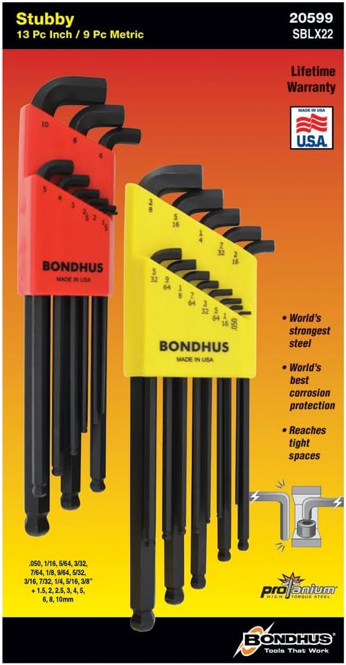 Jeu de 2 clés Allen courtes à tête sphérique Bondhus 20599 (pouces + métrique)