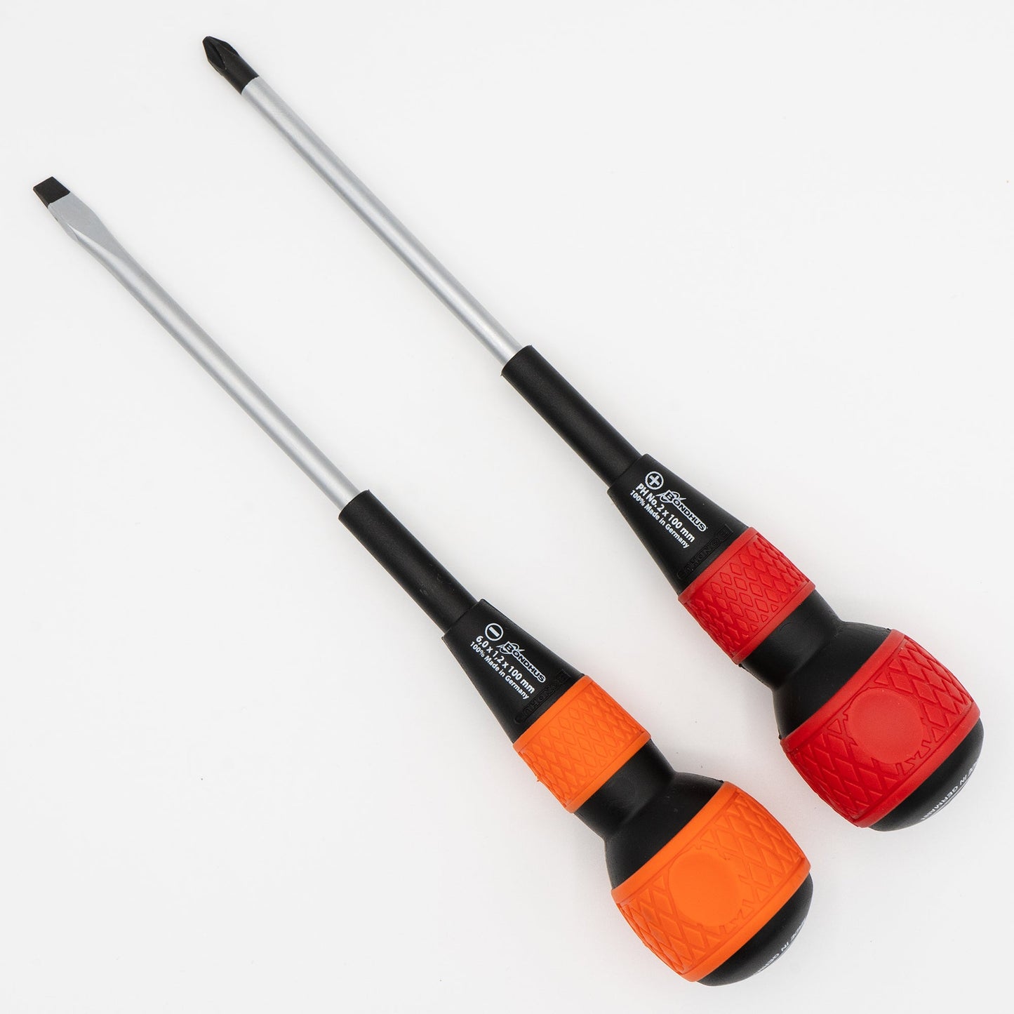 Jeu de tournevis magnétiques à poignée sphérique Bondhus Germany 88122 (2 pièces) : cruciforme n° 2 et plat 1/4".