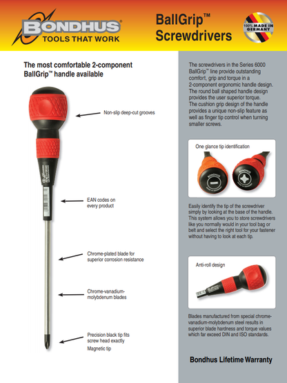 Jeu de tournevis magnétiques à poignée sphérique Bondhus Germany 88122 (2 pièces) : cruciforme n° 2 et plat 1/4".