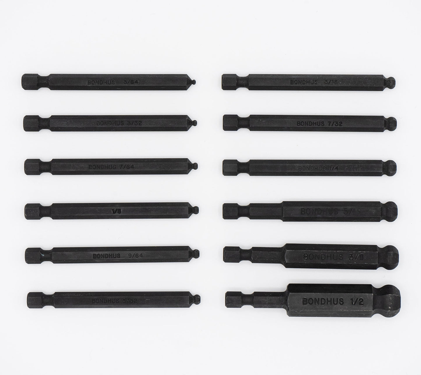 Jeu de 12 embouts hexagonaux à tête sphérique Bondhus 10836, de 5/64 à 1/2 pouce.